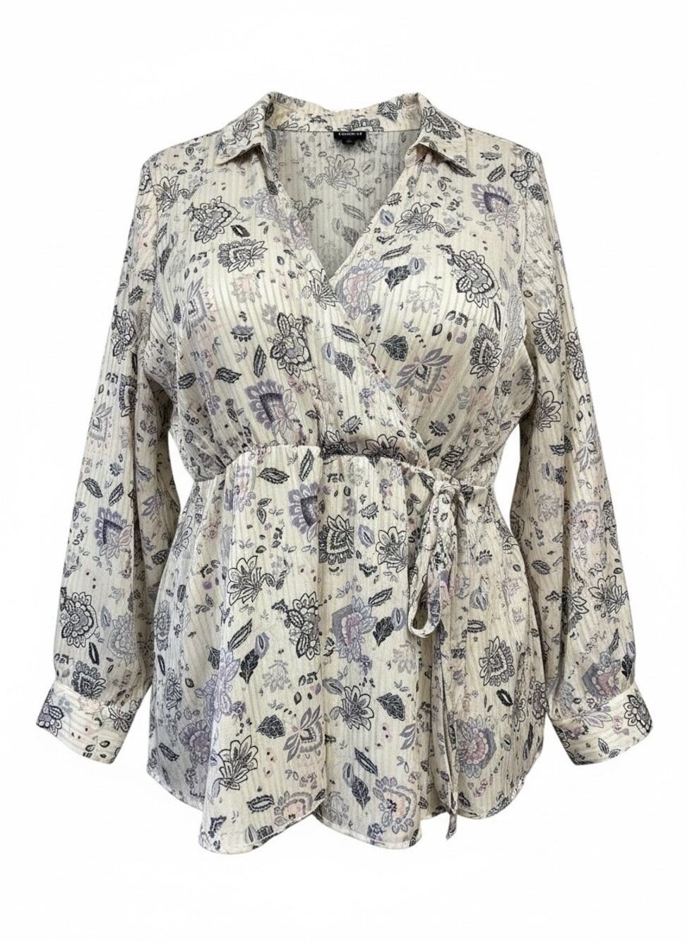 Torrid Womens 2X Satin Surplice Blouse Fortune Paisley Dew Long Sleeve Wrap Top